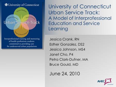 Jessica Crank, RN Esther Gonzalez, DS2 Jessica Johnson, MS4 Janet Cho, P4 Petra Clark-Dufner, MA Bruce Gould, MD June 24, 2010 University of Connecticut.