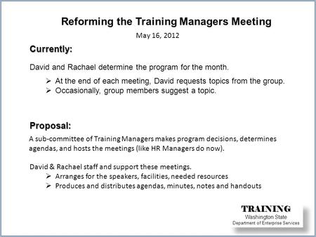 Reforming the Training Managers MeetingCurrently: David and Rachael determine the program for the month.  At the end of each meeting, David requests topics.