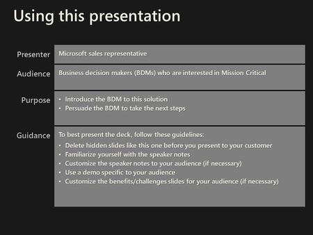 Presenter Microsoft sales representative Audience Business decision makers (BDMs) who are interested in Mission Critical Purpose Introduce the BDM to this.