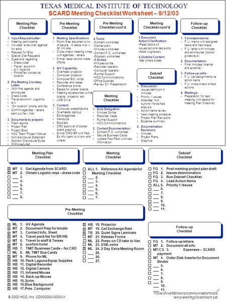 Hccarchive\fdtncomp\communication\tools template\MtgCklistWksht.pot © 2000 HCC, Inc. CD000000-0000XX 1.Input Request Letter: Meeting participants Includes.