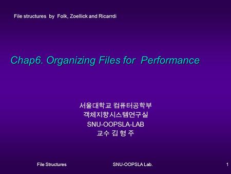 File StructuresSNU-OOPSLA Lab.1 Chap6. Organizing Files for Performance 서울대학교 컴퓨터공학부 객체지향시스템연구실 SNU-OOPSLA-LAB 교수 김 형 주 File structures by Folk, Zoellick.