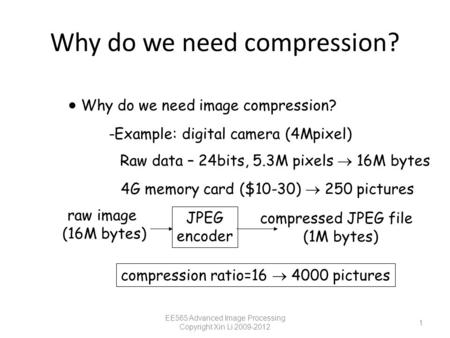 Why do we need compression? EE565 Advanced Image Processing Copyright Xin Li 2009-2012 1  Why do we need image compression? -Example: digital camera (4Mpixel)