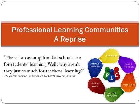 Professional Learning Communities A Reprise “There’s an assumption that schools are for students’ learning. Well, why aren’t they just as much for teachers’