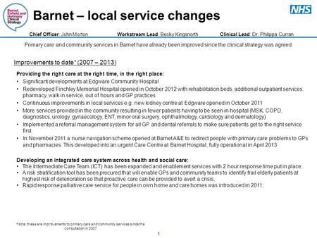 Barnet – local service changes 1 Primary care and community services in Barnet have already been improved since the clinical strategy was agreed. Improvements.