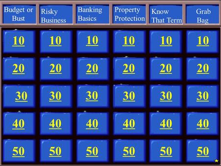 10 20 30 40 50 10 20 30 40 50 10 20 30 40 50 10 20 30 40 50 10 20 30 40 50 10 20 30 40 50 Budget or Bust Risky Business Banking Basics Property Protection.