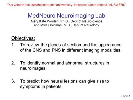 MedNeuro Neuroimaging Lab Mary Kate Worden, Ph.D., Dept of Neuroscience and Myla Goldman, M.D., Dept of Neurology Objectives: 1.To review the planes of.