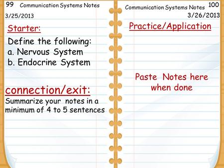 3/25/2013 Starter: 99 100 Communication Systems Notes connection/exit: Summarize your notes in a minimum of 4 to 5 sentences Practice/Application Paste.