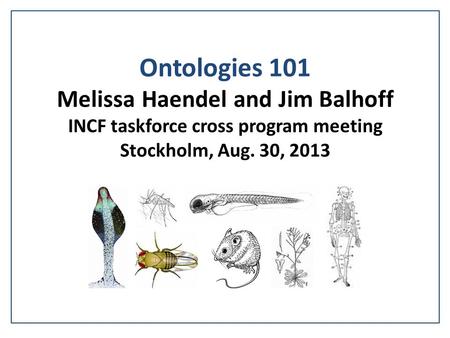 Ontologies 101 Melissa Haendel and Jim Balhoff INCF taskforce cross program meeting Stockholm, Aug. 30, 2013.