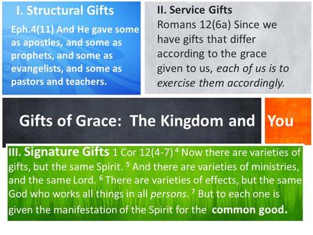 What’s Your Message? Gifts of Grace: The Kingdom and You I. Structural Gifts Eph.4(11) And He gave some as apostles, and some as prophets, and some as.