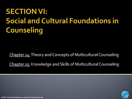 © 2007 Thomson Brooks/Cole, a division of Thomson Learning Chapter 14: Theory and Concepts of Multicultural Counseling Chapter 15: Knowledge and Skills.