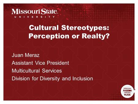 3/31/20100Office/Department|| Cultural Stereotypes: Perception or Realty? Juan Meraz Assistant Vice President Multicultural Services Division for Diversity.