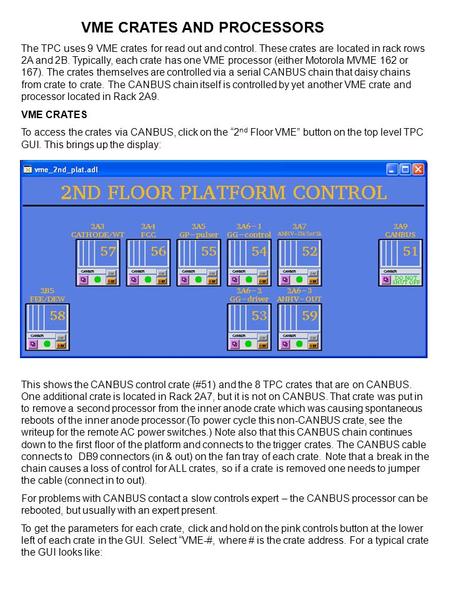 VME CRATES AND PROCESSORS The TPC uses 9 VME crates for read out and control. These crates are located in rack rows 2A and 2B. Typically, each crate has.