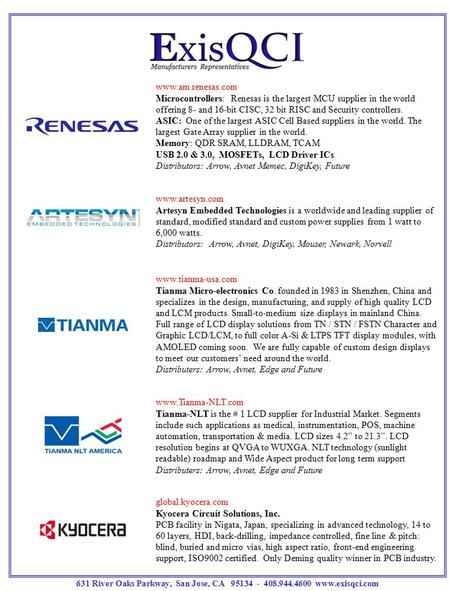 631 River Oaks Parkway, San Jose, CA 95134 - 408.944.4600 www.exisqci.com www.am.renesas.com Microcontrollers: Renesas is the largest MCU supplier in the.