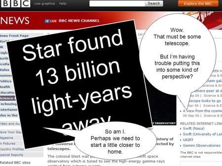 Star found 13 billion light-years away Wow. That must be some telescope. But I’m having trouble putting this into some kind of perspective? So am I. Perhaps.