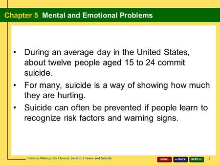 Glencoe Making Life Choices Section 3 Teens and Suicide Chapter 5 Mental and Emotional Problems 1 > HOME During an average day in the United.