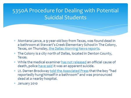  Montana Lance, a 9-year-old boy from Texas, was found dead in a bathroom at Stewart's Creek Elementary School in The Colony, Texas, on Thursday, the.