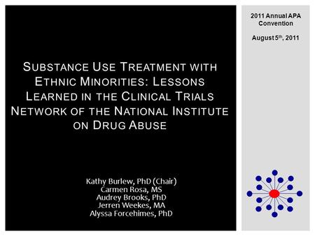 Kathy Burlew, PhD (Chair) Carmen Rosa, MS Audrey Brooks, PhD Jerren Weekes, MA Alyssa Forcehimes, PhD S UBSTANCE U SE T REATMENT WITH E THNIC M INORITIES.