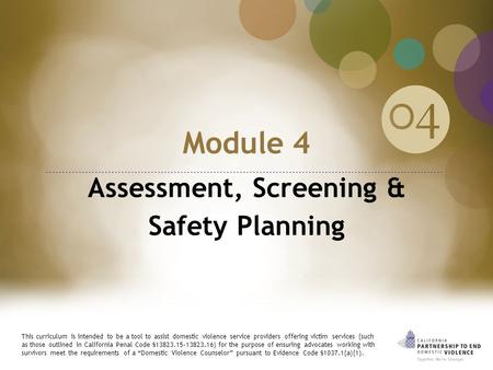 Module 4 Assessment, Screening & Safety Planning This curriculum is intended to be a tool to assist domestic violence service providers offering victim.