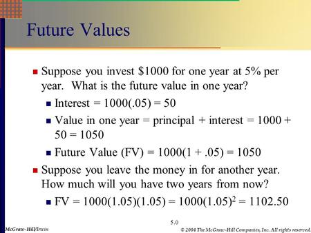 McGraw-Hill © 2004 The McGraw-Hill Companies, Inc. All rights reserved. McGraw-Hill/Irwin 5.0 Future Values Suppose you invest $1000 for one year at 5%