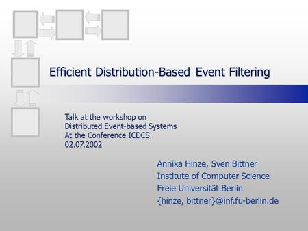 Efficient Distribution-Based Event Filtering Annika Hinze, Sven Bittner Institute of Computer Science Freie Universität Berlin {hinze,