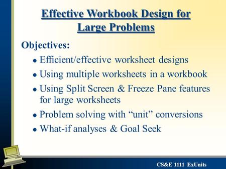 CS&E 1111 ExUnits Effective Workbook Design for Large Problems Objectives: l Efficient/effective worksheet designs l Using multiple worksheets in a workbook.