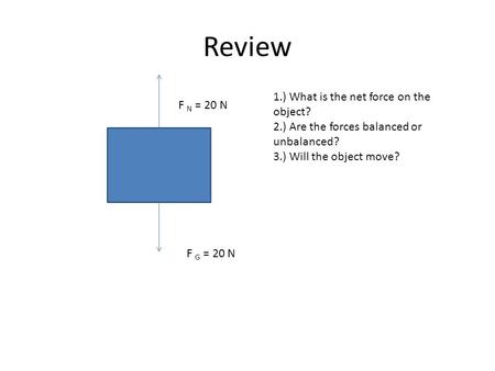 Review F N = 20 N F G = 20 N 1.) What is the net force on the object? 2.) Are the forces balanced or unbalanced? 3.) Will the object move?