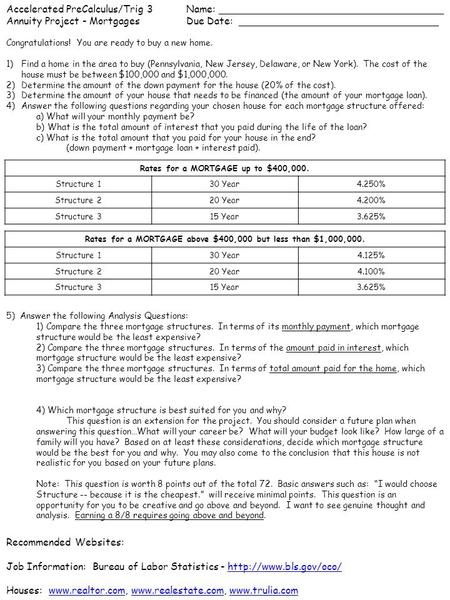 Accelerated PreCalculus/Trig 3Name: ____________________________________ Annuity Project - MortgagesDue Date: ________________________________ Congratulations!