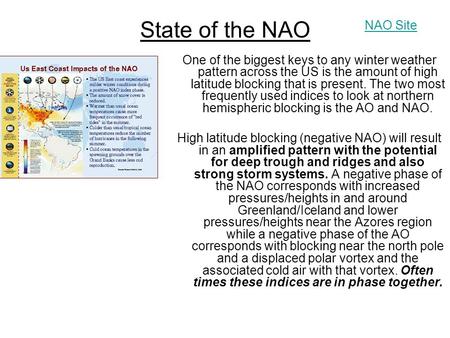 State of the NAO One of the biggest keys to any winter weather pattern across the US is the amount of high latitude blocking that is present. The two most.