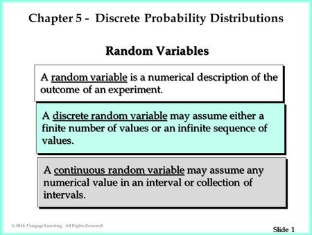 1 1 Slide © 2016 Cengage Learning. All Rights Reserved. A random variable is a numerical description of the A random variable is a numerical description.