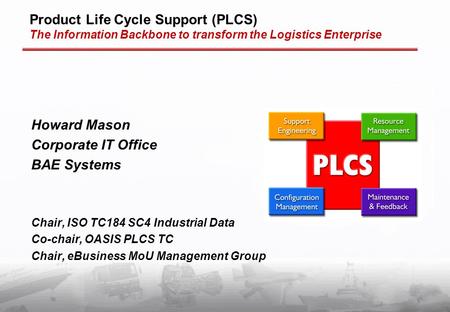 Product Life Cycle Support (PLCS) The Information Backbone to transform the Logistics Enterprise Howard Mason Corporate IT Office BAE Systems Chair, ISO.