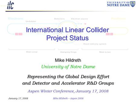 January 17, 2008Mike Hildreth – Aspen 2008 International Linear Collider Project Status Mike Hildreth University of Notre Dame Representing the Global.