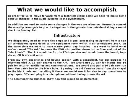 What we would like to accomplish. In order for us to move forward from a technical stand point we need to make some serious changes in the audio systems.