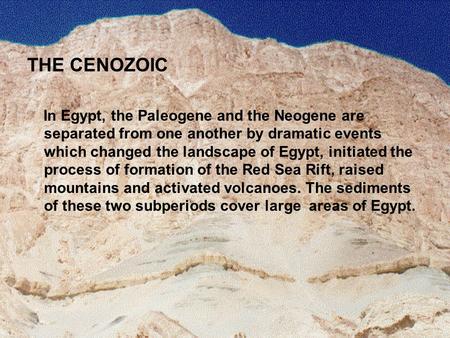 THE CENOZOIC In Egypt, the Paleogene and the Neogene are separated from one another by dramatic events which changed the landscape of Egypt, initiated.