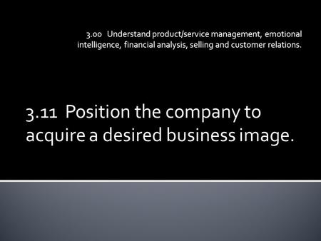 3.11 Position the company to acquire a desired business image. 3.00 Understand product/service management, emotional intelligence, financial analysis,