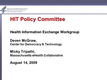 HIT Policy Committee Health Information Exchange Workgroup Deven McGraw, Center for Democracy & Technology Micky Tripathi, Massachusetts eHealth Collaborative.