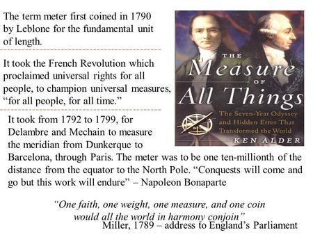 The term meter first coined in 1790 by Leblone for the fundamental unit of length. “One faith, one weight, one measure, and one coin would all the world.