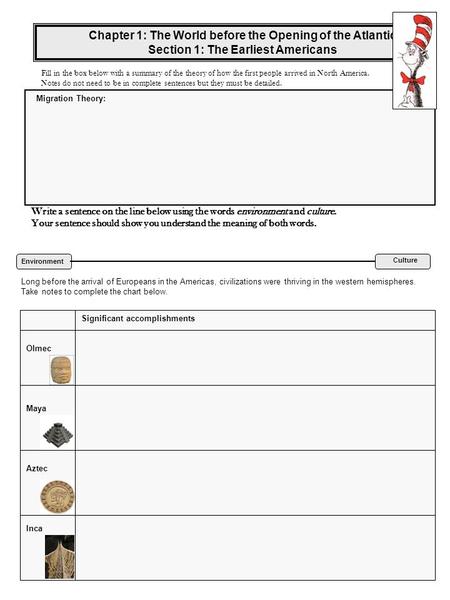 Chapter 1: The World before the Opening of the Atlantic Section 1: The Earliest Americans Fill in the box below with a summary of the.