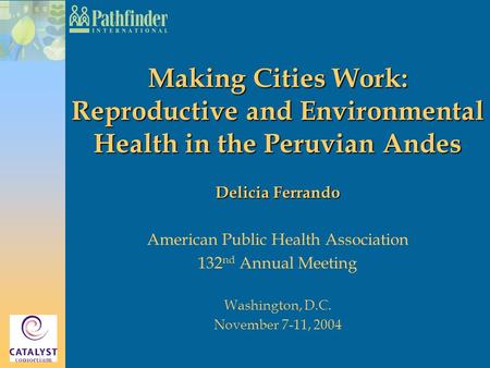 Making Cities Work: Reproductive and Environmental Health in the Peruvian Andes Delicia Ferrando American Public Health Association 132 nd Annual Meeting.