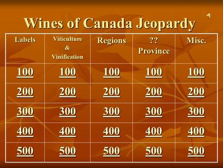 Wines of Canada Jeopardy LabelsViticulture&VinificationRegions ?? Province Misc. 100 200 300 400 500.