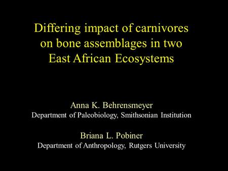 Differing impact of carnivores on bone assemblages in two East African Ecosystems Anna K. Behrensmeyer Department of Paleobiology, Smithsonian Institution.