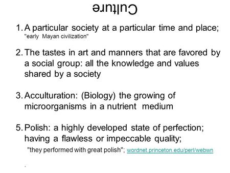 Culture A particular society at a particular time and place; early Mayan civilization The tastes in art and manners that are favored by a social group: