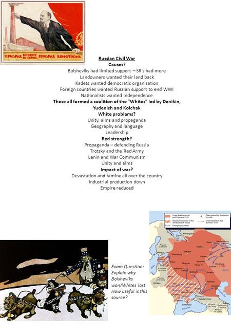 Russian Civil War Causes? Bolsheviks had limited support – SR’s had more Landowners wanted their land back Kadets wanted democratic organisation Foreign.