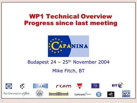 1 WP1 Technical Overview Progress since last meeting Budapest 24 – 25 th November 2004 Mike Fitch, BT.