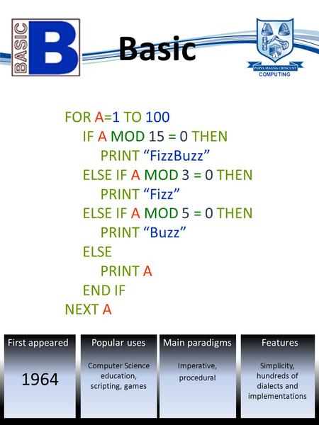 First appearedFeaturesMain paradigmsPopular uses COMPUTING Basic FOR A=1 TO 100 IF A MOD 15 = 0 THEN PRINT “FizzBuzz” ELSE IF A MOD 3 = 0 THEN PRINT “Fizz”