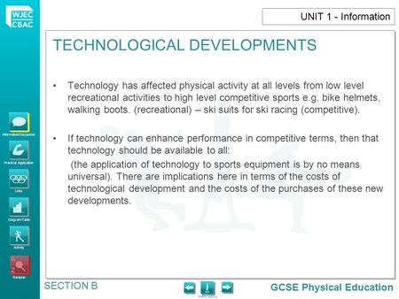 GCSE Physical Education Information/Discussion Practical Application Links Diagram/Table Activity Revision MAIN MENU TECHNOLOGICAL DEVELOPMENTS SECTION.