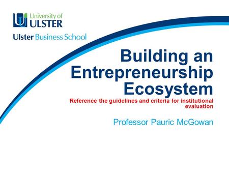 Building an Entrepreneurship Ecosystem Reference the guidelines and criteria for institutional evaluation Professor Pauric McGowan.