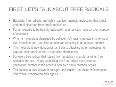 © 2014 CREAM Solutions All Rights Reserved 1 FIRST, LET’S TALK ABOUT FREE RADICALS Basically, free radicals are highly reactive, unstable molecules that.