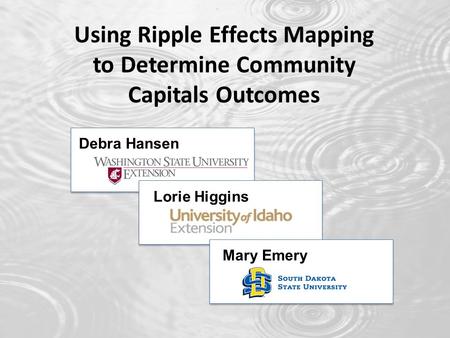 Using Ripple Effects Mapping to Determine Community Capitals Outcomes Debra Hansen Lorie Higgins Mary Emery.