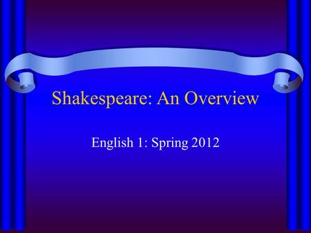 Shakespeare: An Overview English 1: Spring 2012. Biographical Sketch William Shakespeare birth date is unrecorded –Stratford parish register records that.