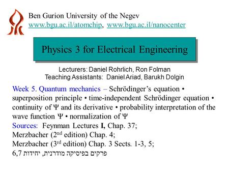 Physics 3 for Electrical Engineering Ben Gurion University of the Negev www.bgu.ac.il/atomchipwww.bgu.ac.il/atomchip, www.bgu.ac.il/nanocenterwww.bgu.ac.il/nanocenter.